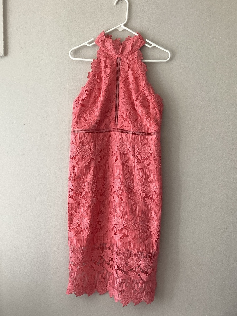 Bardot Coral Lace Halter Midi Dress